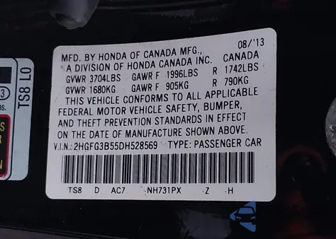 2013 Honda Civic Lx z USA, uszkodzony, nr VIN 2HGFG3B55DH528569